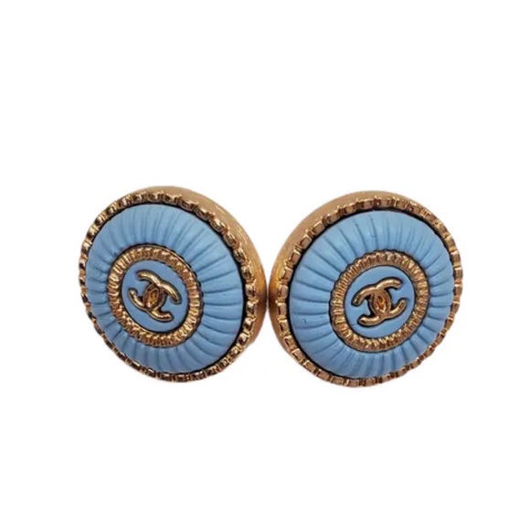 CHANEL Jewelry - CHANEL Round CC Vintage Pierced Light Baby Blue Earrings